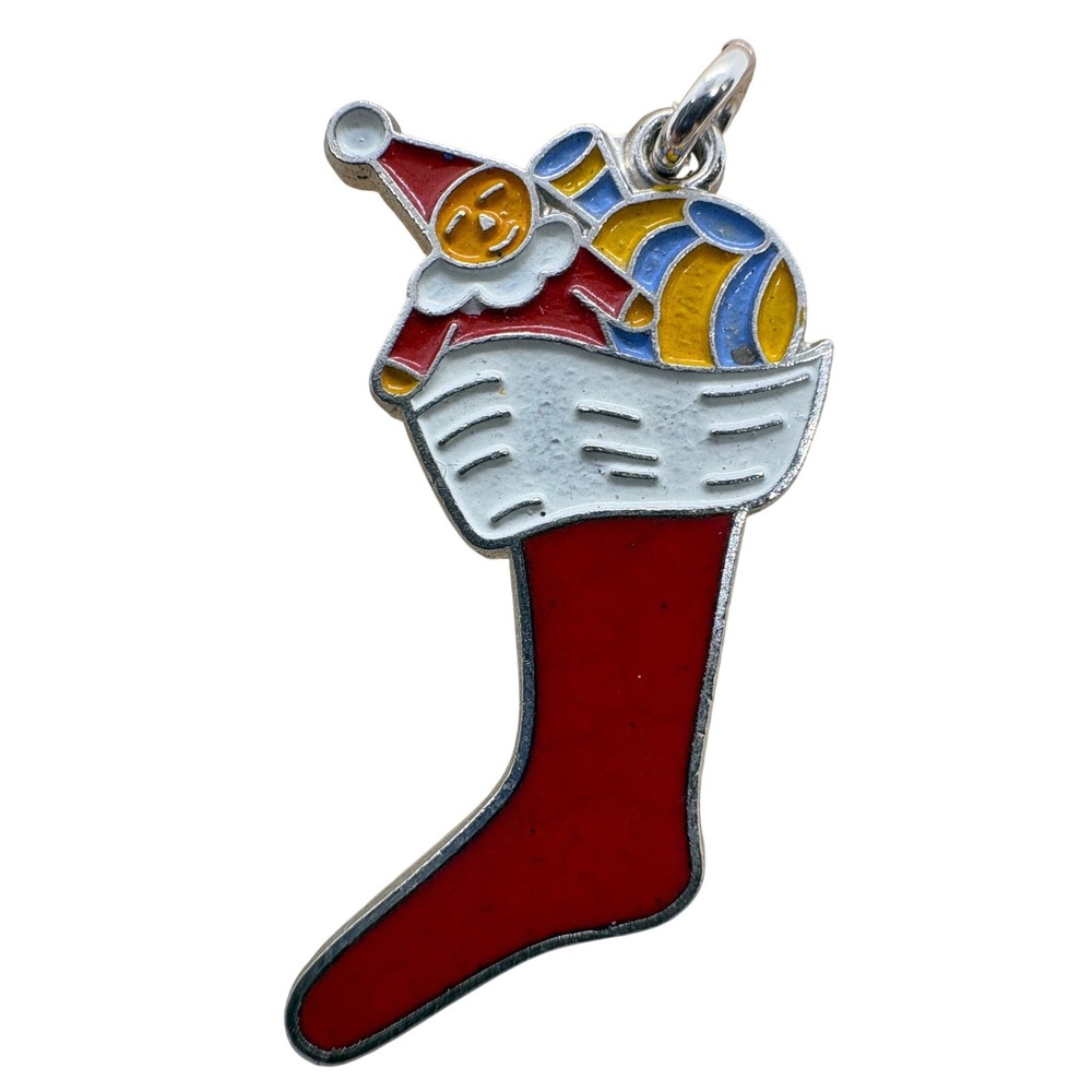 Vintage Wells Sterling Silver Enamel Christmas Stocking Charm Pendant 1.98g